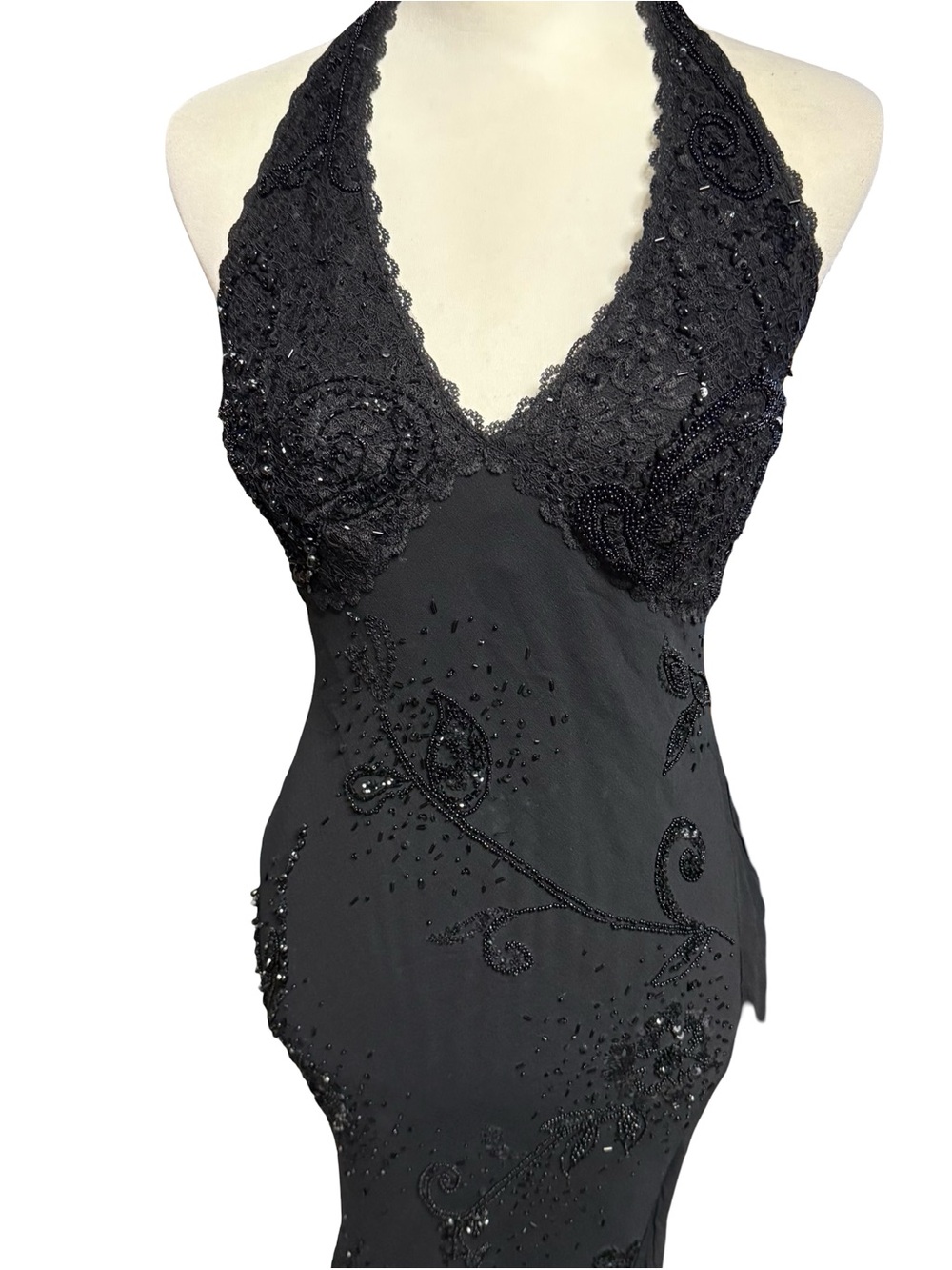 Vintage Y2K Cache Black Pure Silk Beaded Halter Mermaid Maxi Gown Dress Sz 8 - Picture 2 of 16